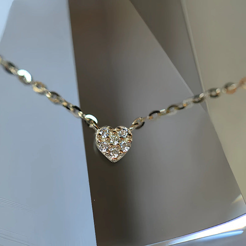S925 pure silver plated with 14K gold mini heart necklace women's diamond studded peach heart extremely fine collarbone chain ﻿